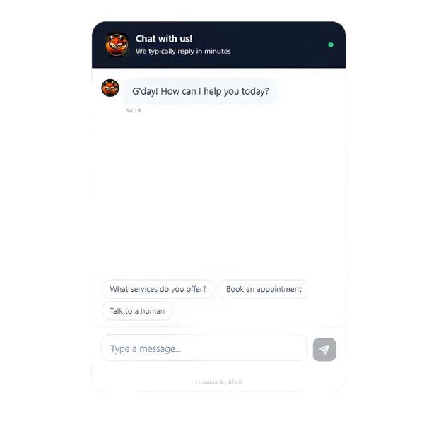 Interactive MVO AI chat widget capturing a lead on a website